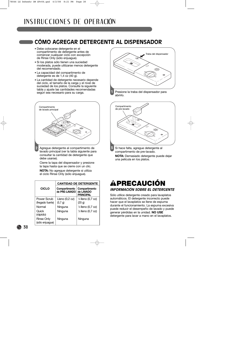 Wprecaución, Cómo agregar detergente al dispensador | LG LDS4821ST User Manual | Page 38 / 68