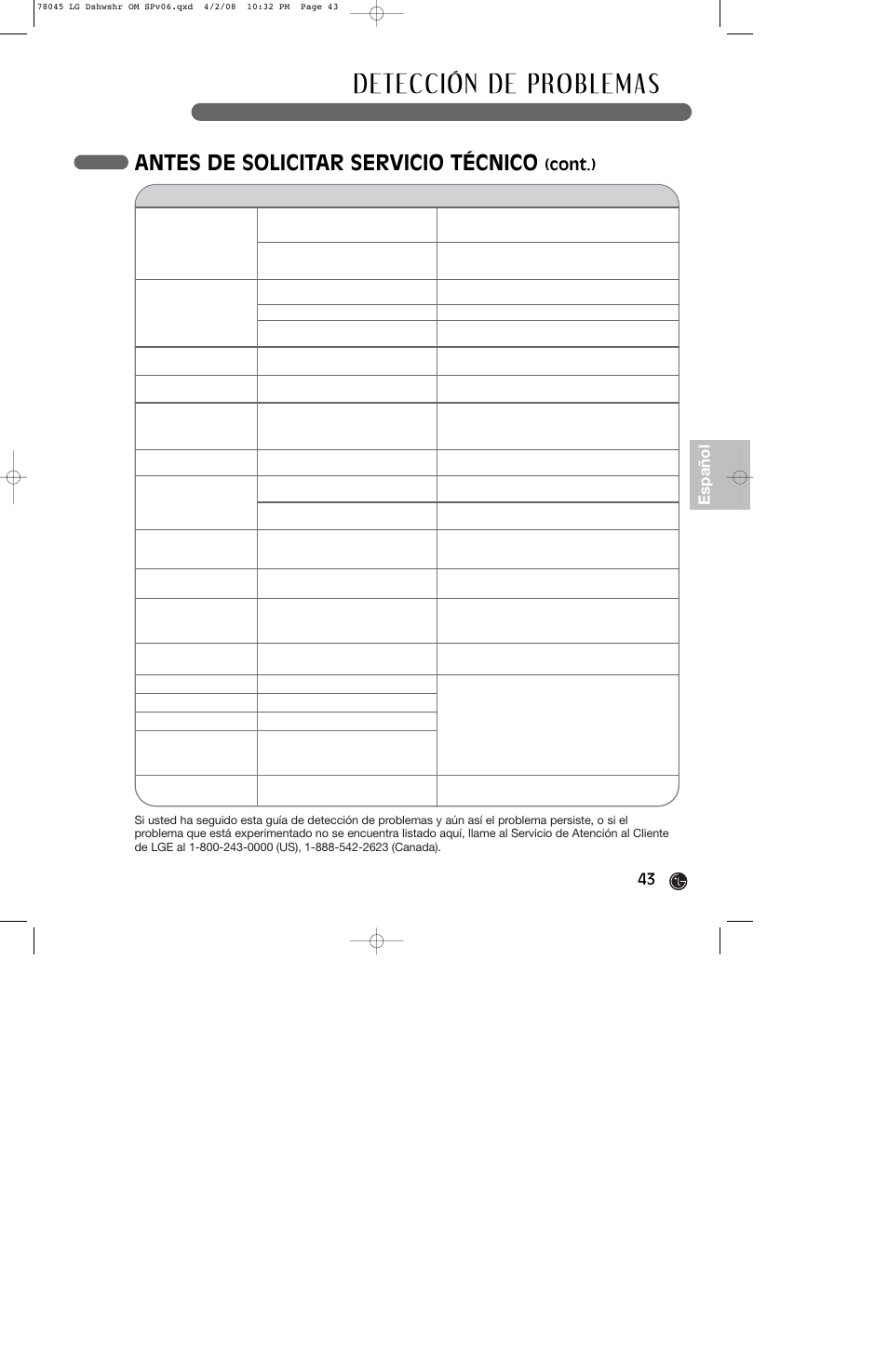 Antes de solicitar servicio técnico | LG LDS4821ST User Manual | Page 43 / 68
