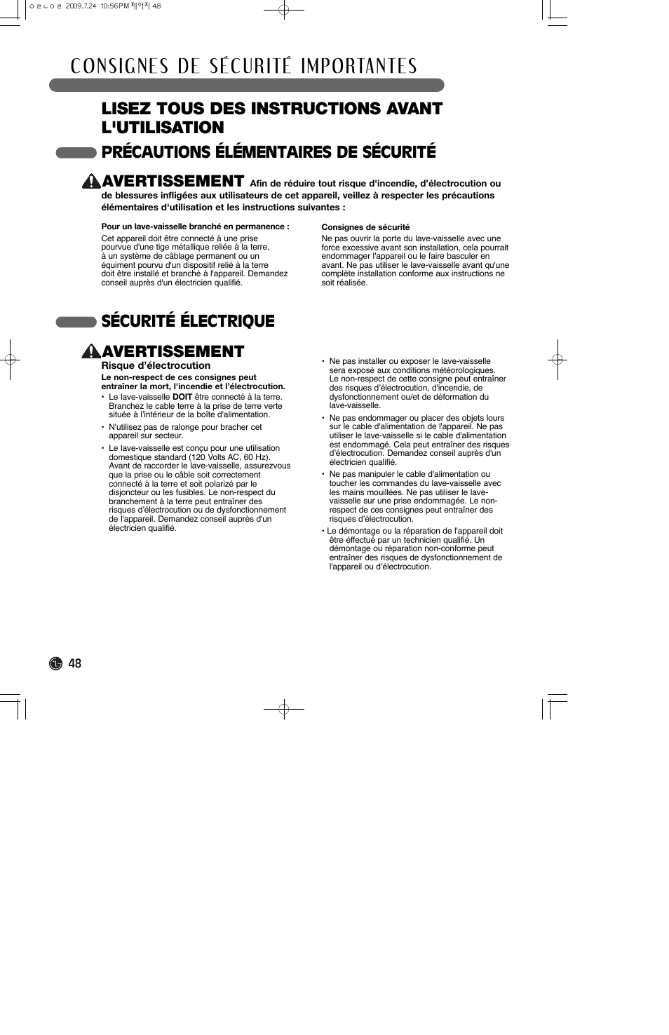 Lisez tous des instructions avant l'utilisation, Précautions élémentaires de sécurité avertissement, Sécurité électrique avertissement | LG LDS4821ST User Manual | Page 48 / 68