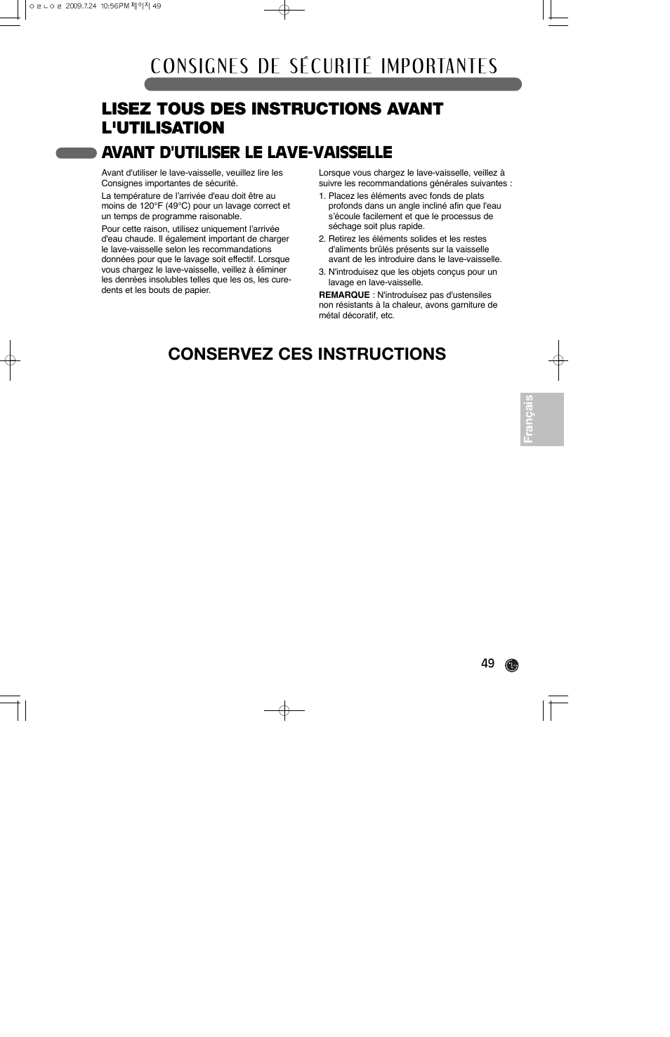 Lisez tous des instructions avant l'utilisation, Conservez ces instructions, Avant d'utiliser le lave-vaisselle | LG LDS4821ST User Manual | Page 49 / 68