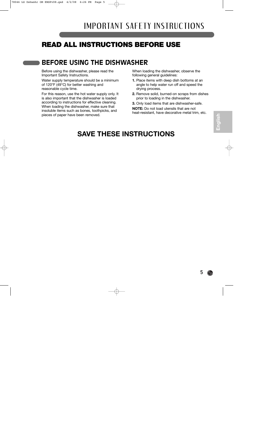 Before using the dishwasher | LG LDS4821ST User Manual | Page 5 / 68