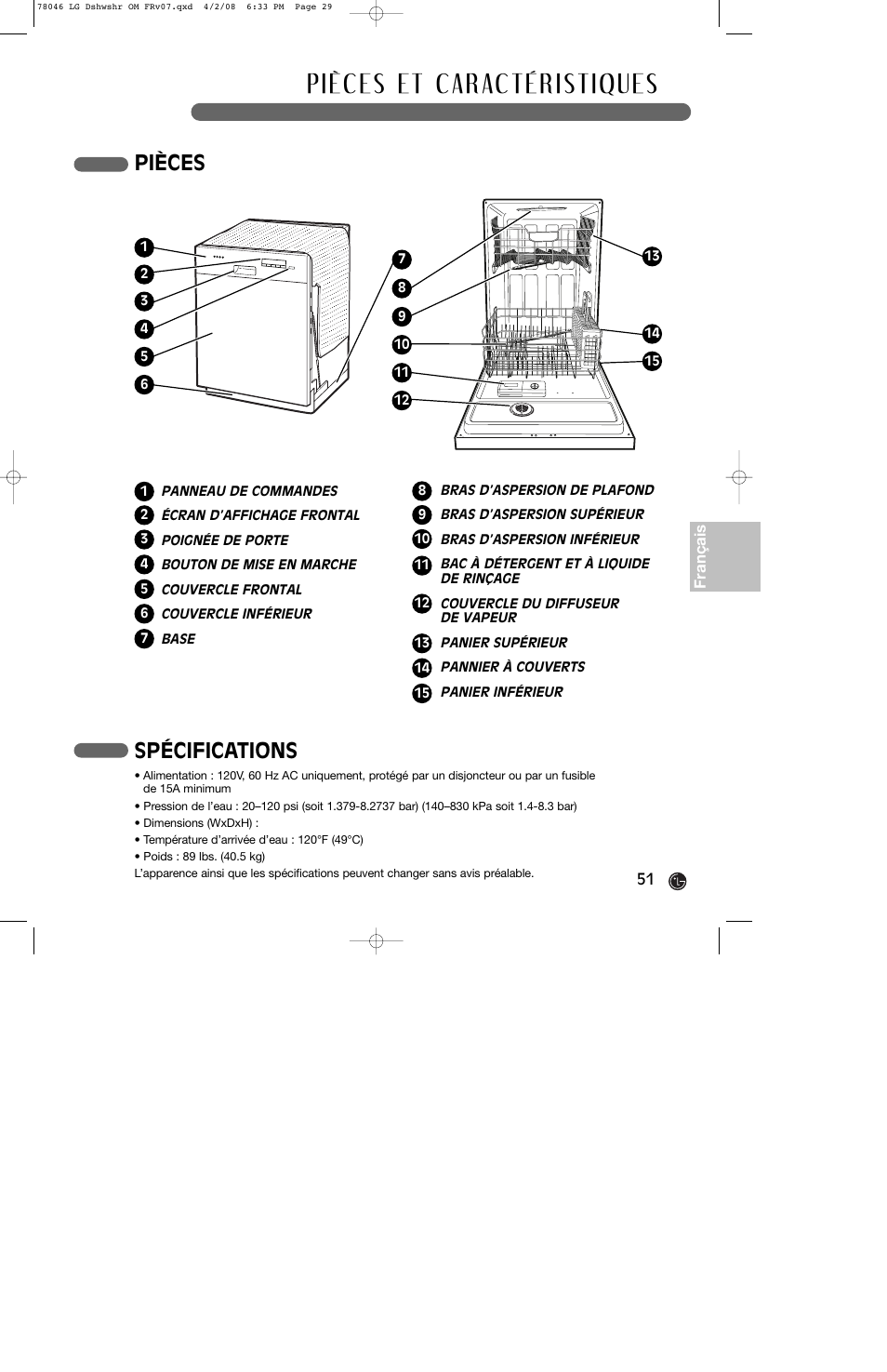 Pièces, Spécifications | LG LDS4821ST User Manual | Page 51 / 68