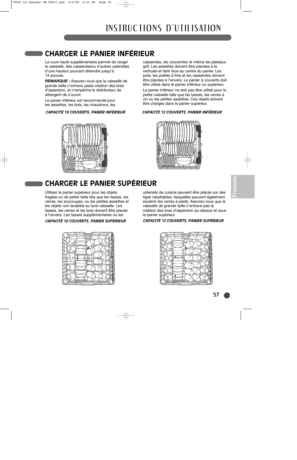 Charger le panier inférieur, Charger le panier supérieur | LG LDS4821ST User Manual | Page 57 / 68