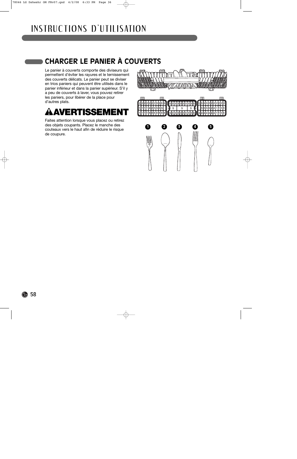 W avertissement, Charger le panier à couverts | LG LDS4821ST User Manual | Page 58 / 68