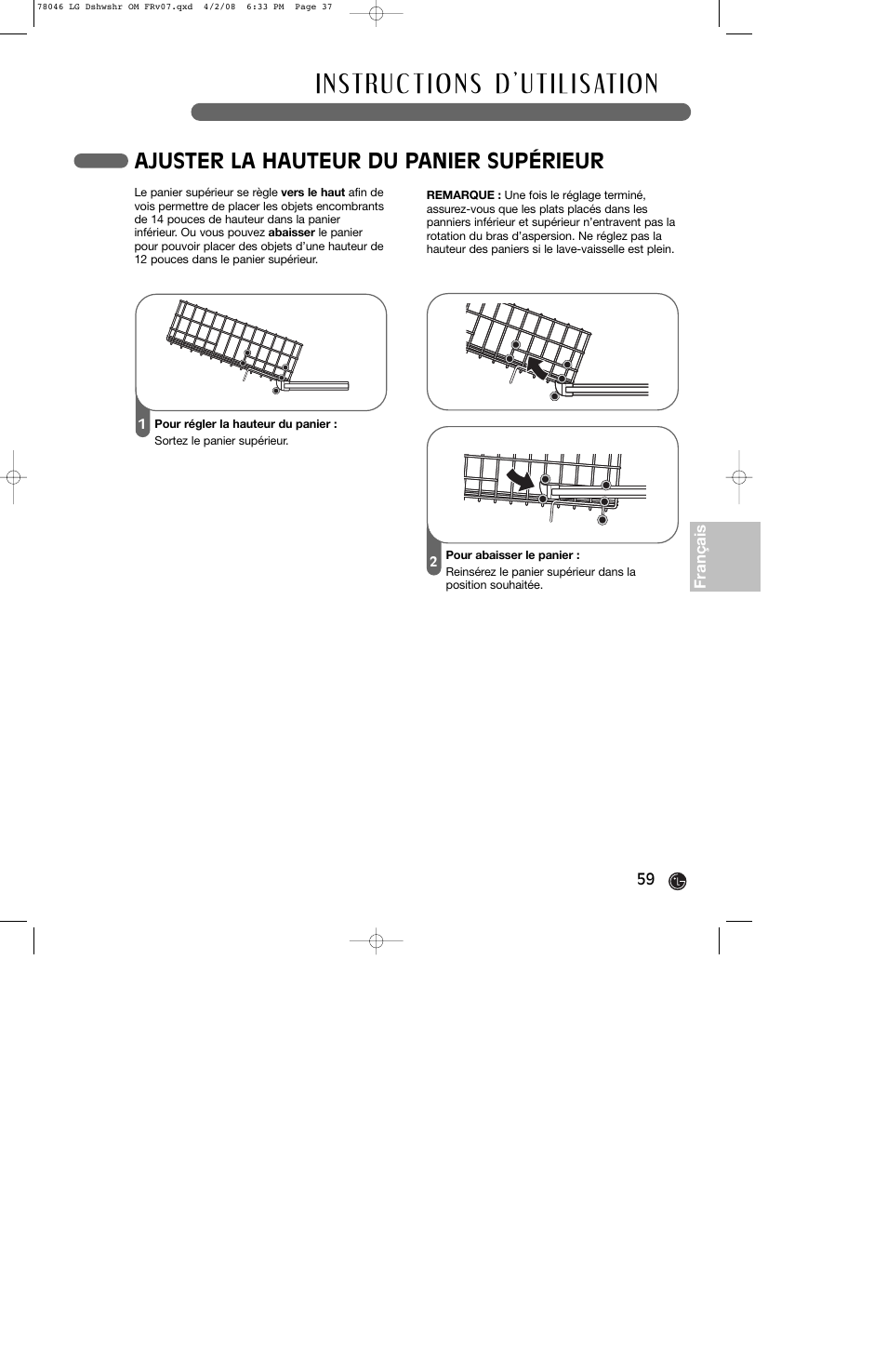 Ajuster la hauteur du panier supérieur | LG LDS4821ST User Manual | Page 59 / 68