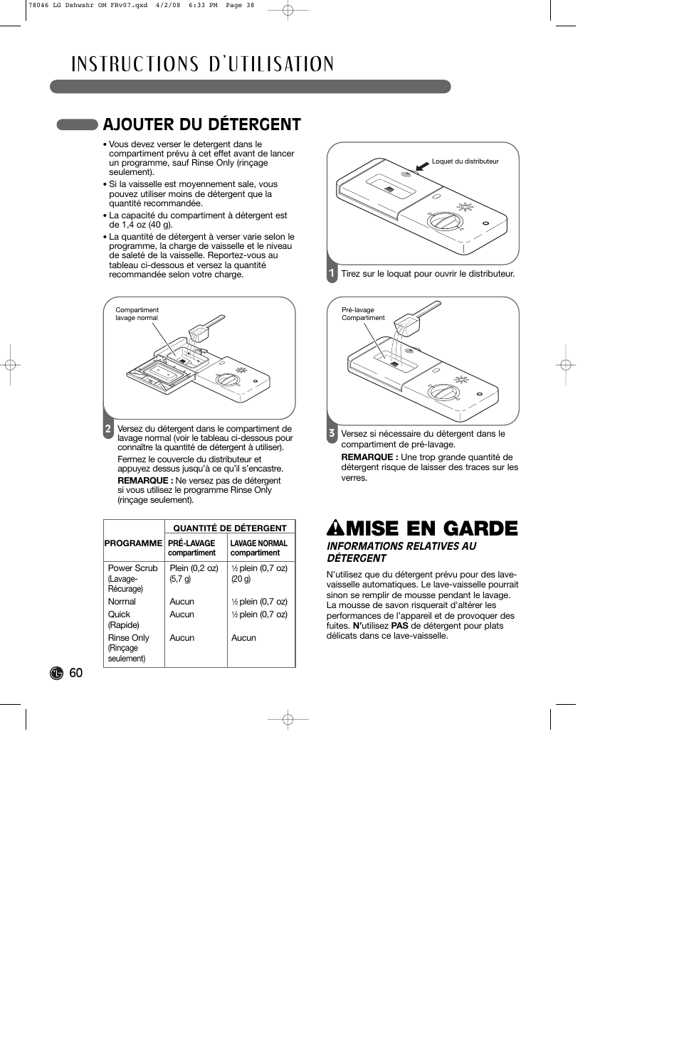 W mise en garde, Ajouter du détergent | LG LDS4821ST User Manual | Page 60 / 68