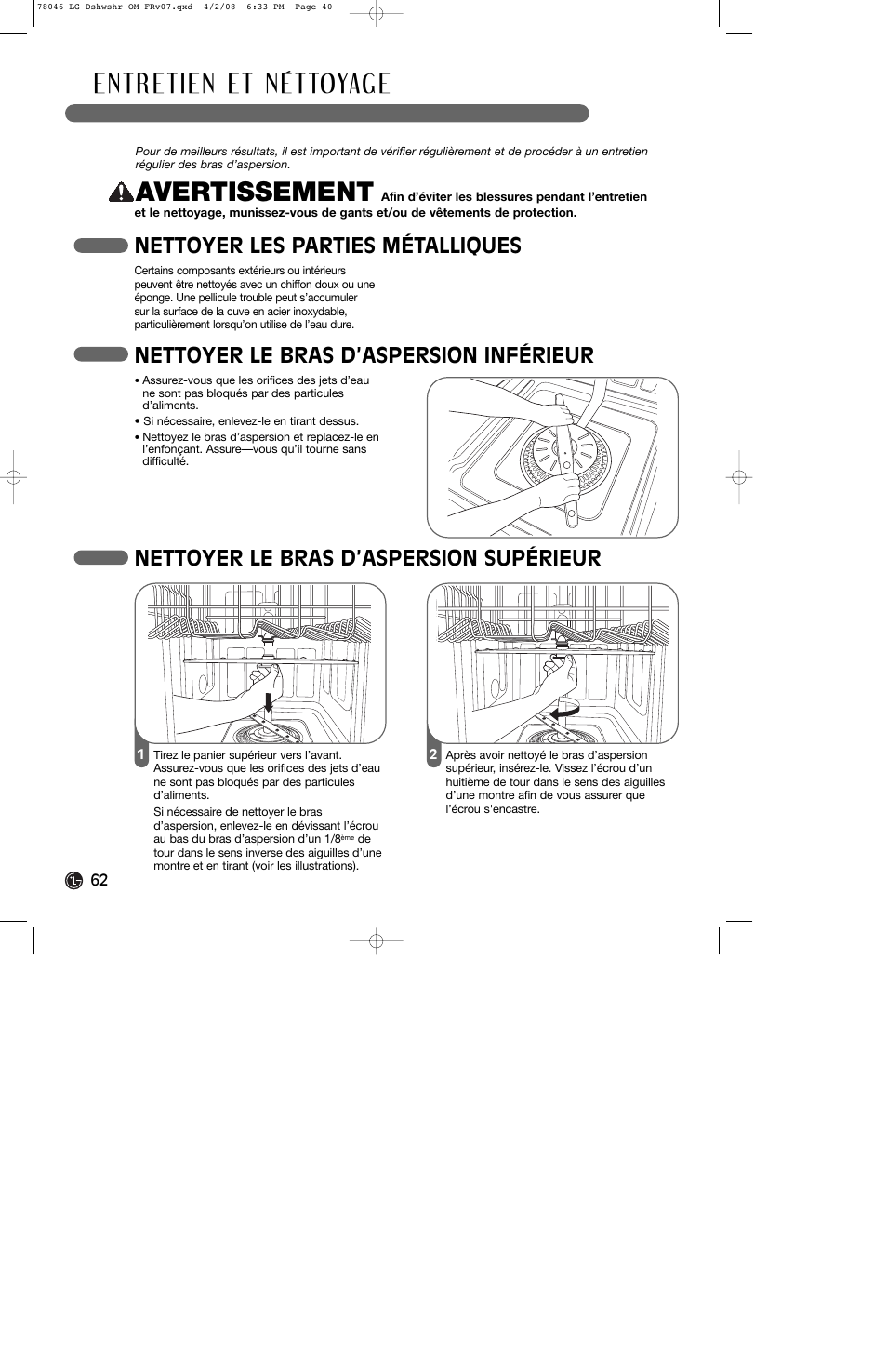 Avertissement, Nettoyer les parties métalliques, Nettoyer le bras d’aspersion inférieur | Nettoyer le bras d’aspersion supérieur | LG LDS4821ST User Manual | Page 62 / 68