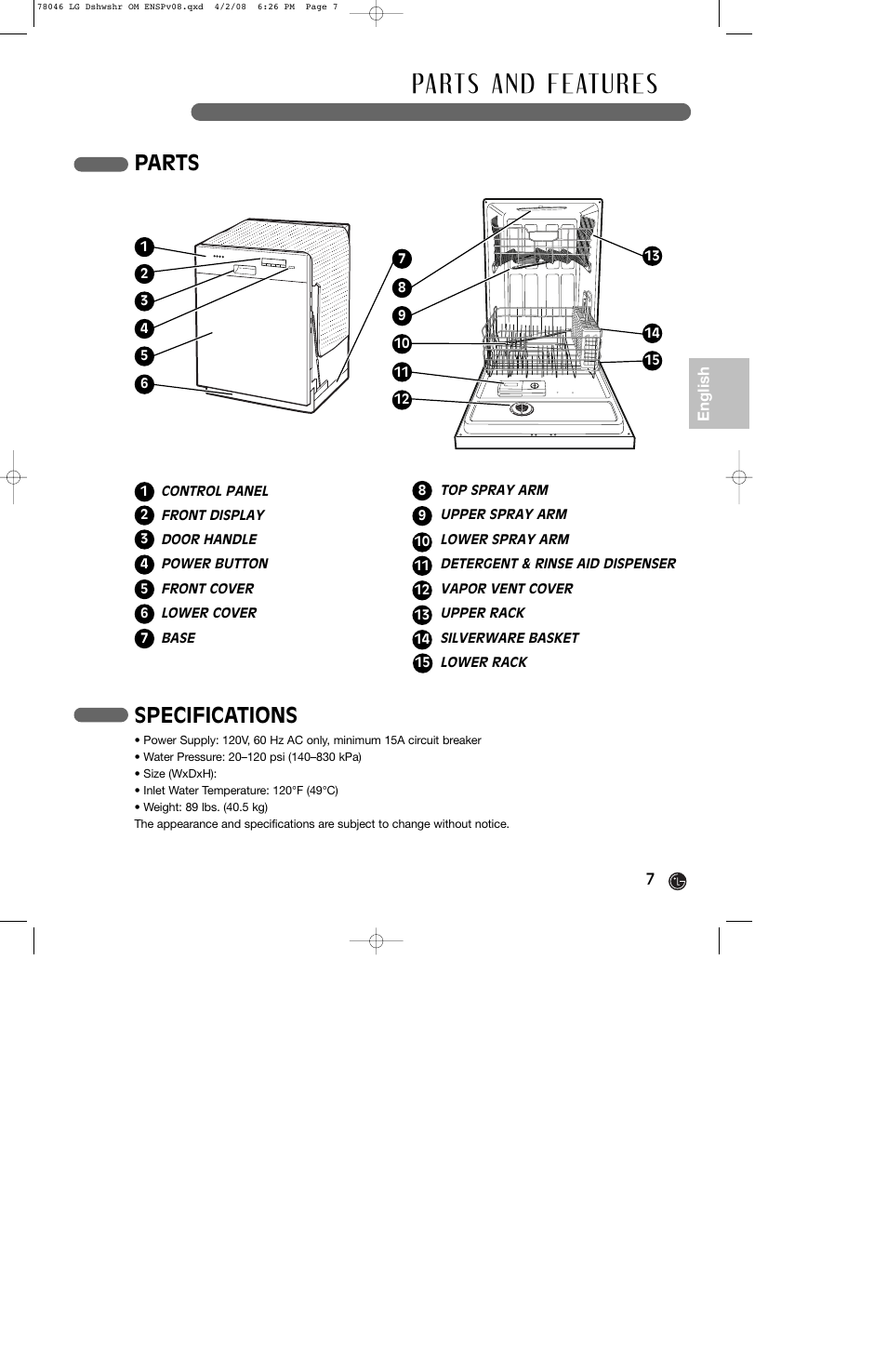 Parts, Specifications | LG LDS4821ST User Manual | Page 7 / 68