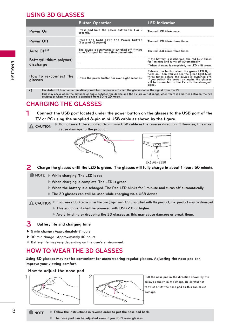 Charging the glasses, How to wear the 3d glasses, Using 3d glasses | LG AG-S350 User Manual | Page 3 / 6