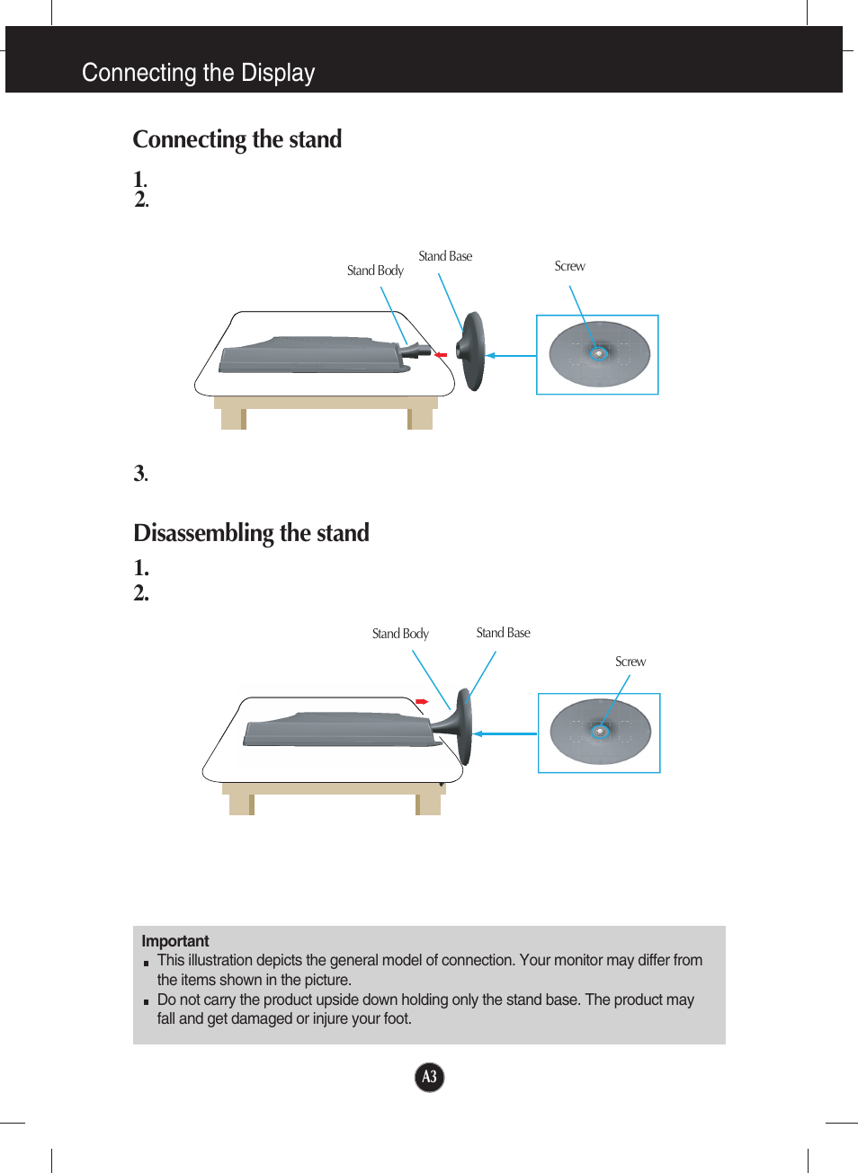 Connecting the display, Connecting the stand, Connecting the display disassembling the stand | LG W2453V-PF User Manual | Page 4 / 26