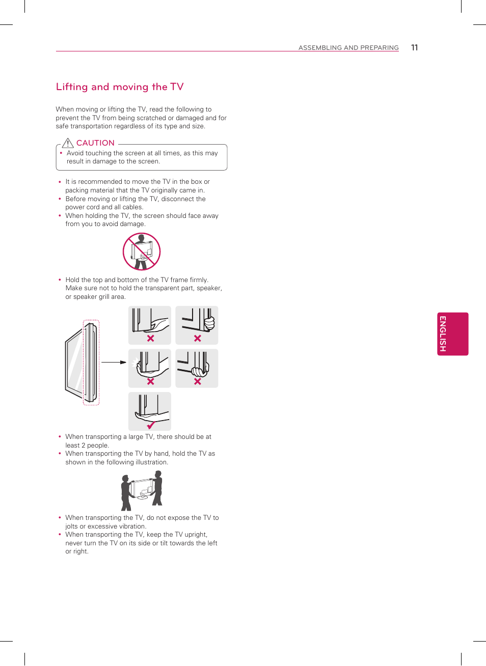 Lifting and moving the tv | LG 26LN4500 User Manual | Page 11 / 32