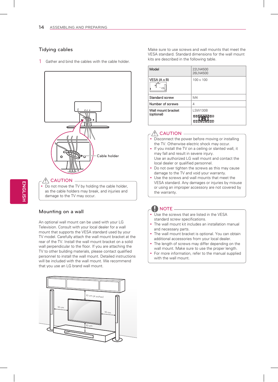 Tidying cables 1, Mounting on a wall, English | Caution | LG 26LN4500 User Manual | Page 14 / 32