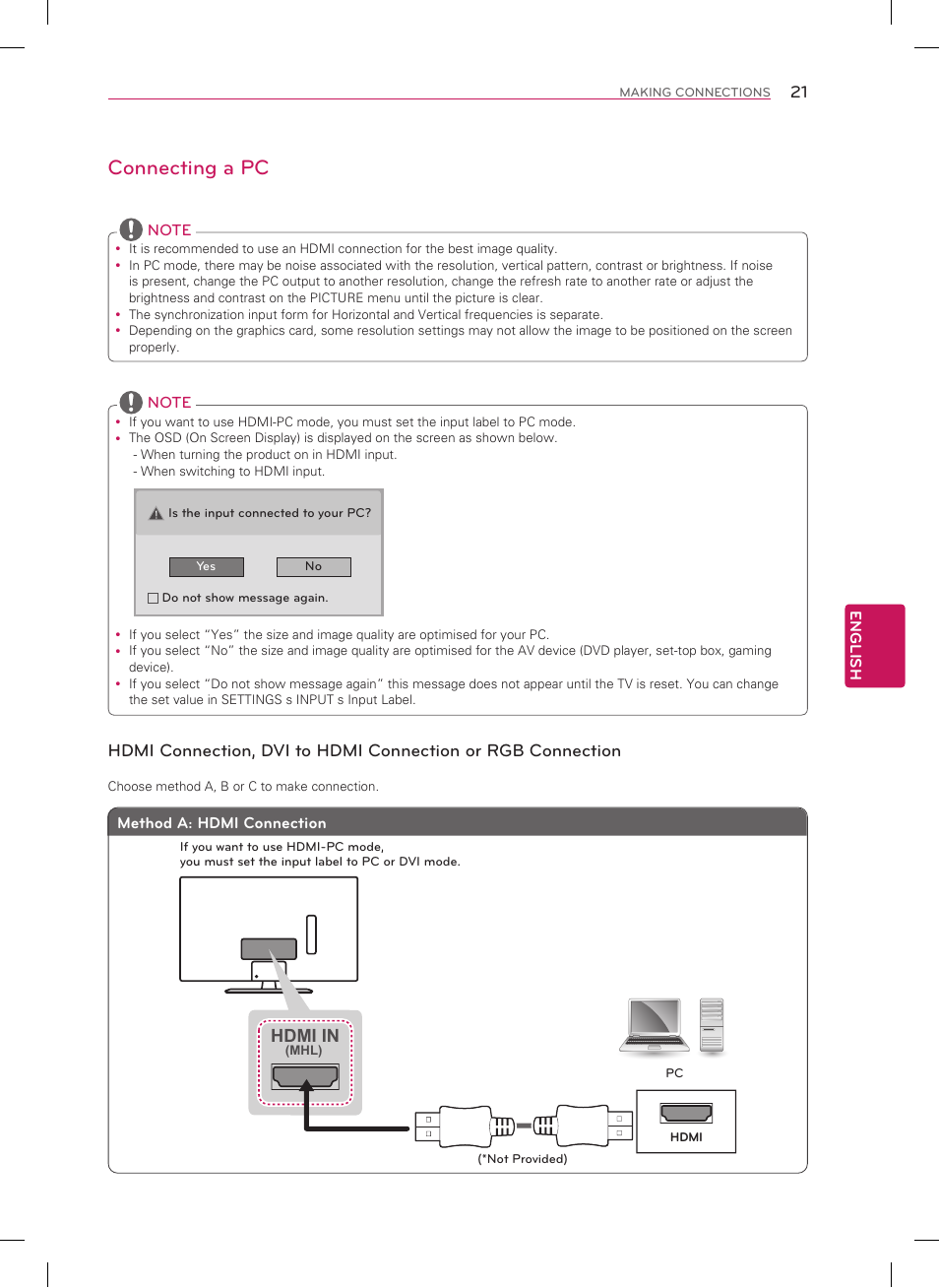 Connecting a pc, Hdmi in | LG 26LN4500 User Manual | Page 21 / 32