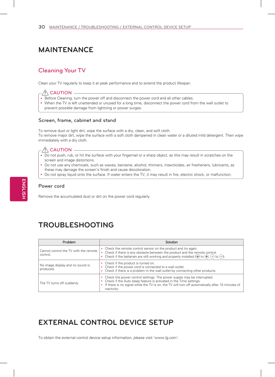 Maintenance, Troubleshooting, External control device setup | Cleaning your tv, Screen, frame, cabinet and stand, Power cord | LG 26LN4500 User Manual | Page 30 / 32