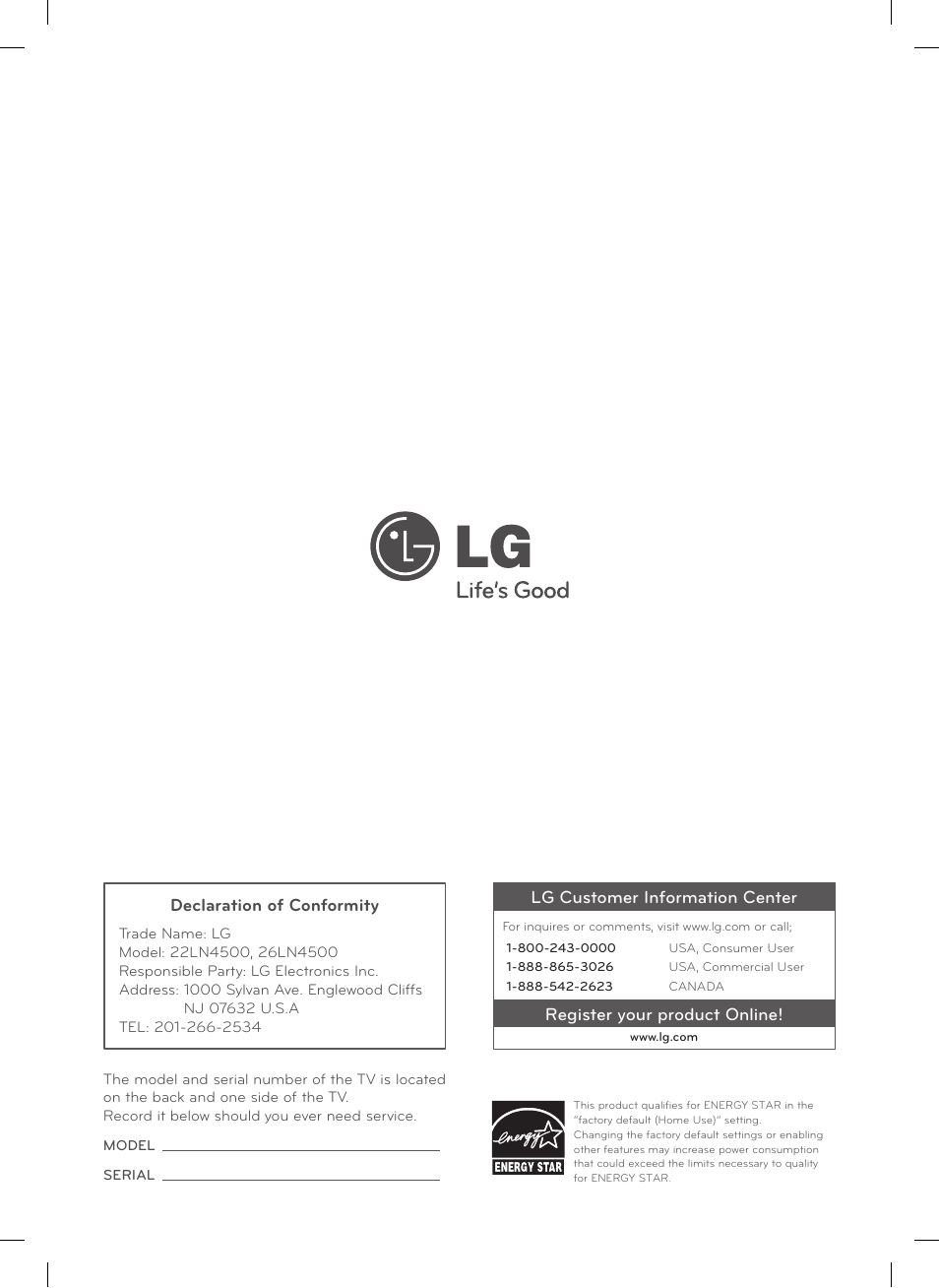 Lg customer information center, Register your product online, Declaration of conformity | LG 26LN4500 User Manual | Page 32 / 32