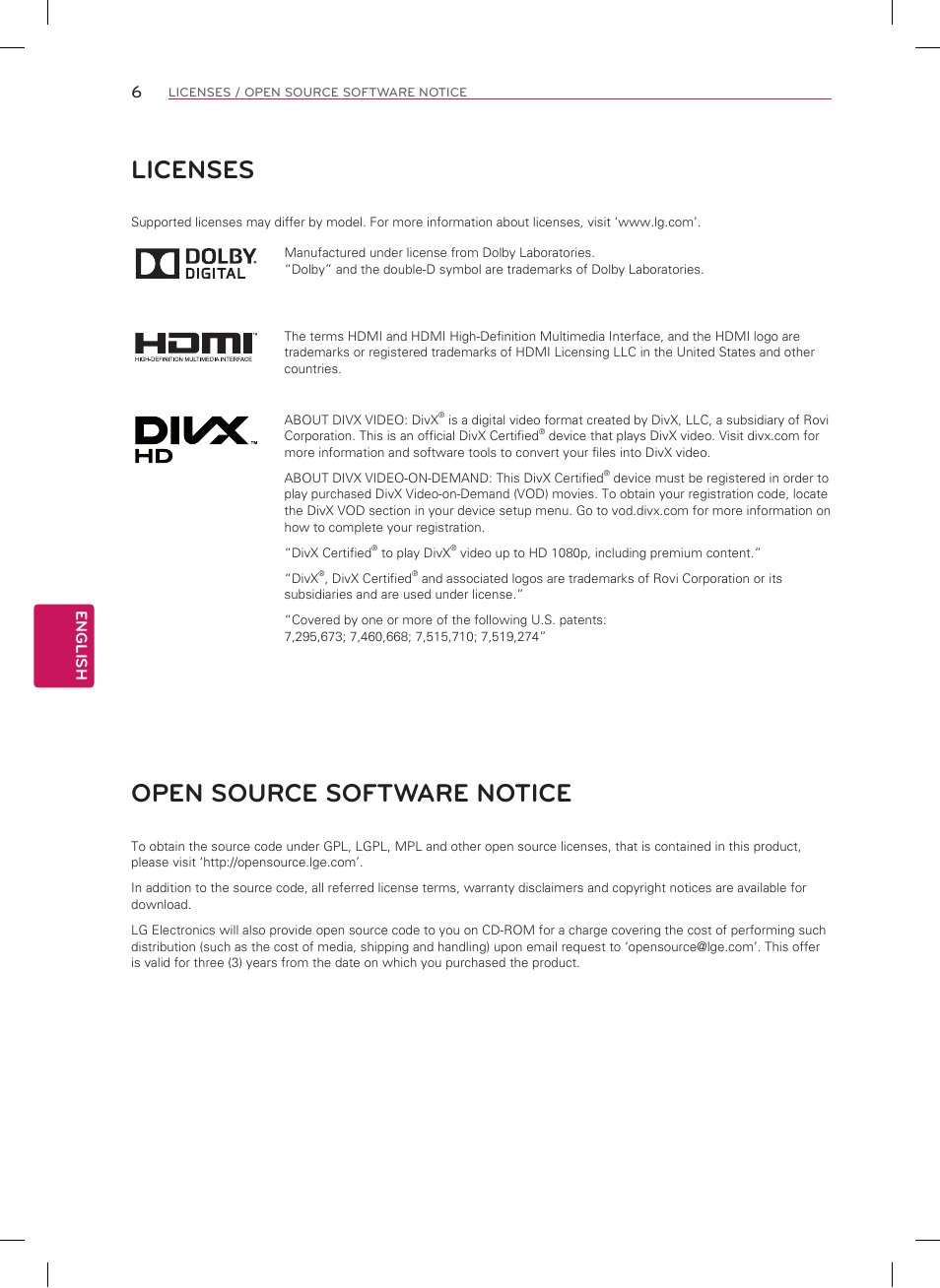 Licenses, Open source software notice | LG 26LN4500 User Manual | Page 6 / 32