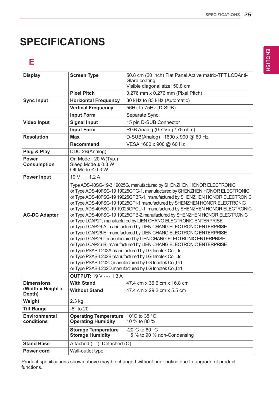 20en33s, Specifications, 20 en33s | LG 19EN33SA User Manual | Page 25 / 31
