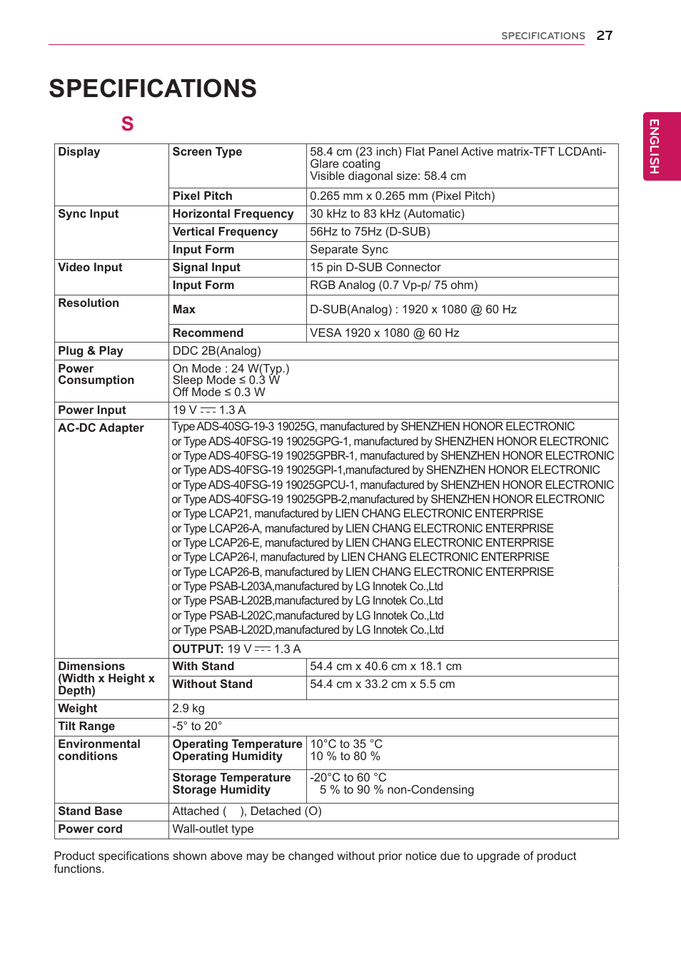 23en33s, 25 preset modes (resolution) 25 indicator, Specifications | 23en33 s | LG 19EN33SA User Manual | Page 27 / 31
