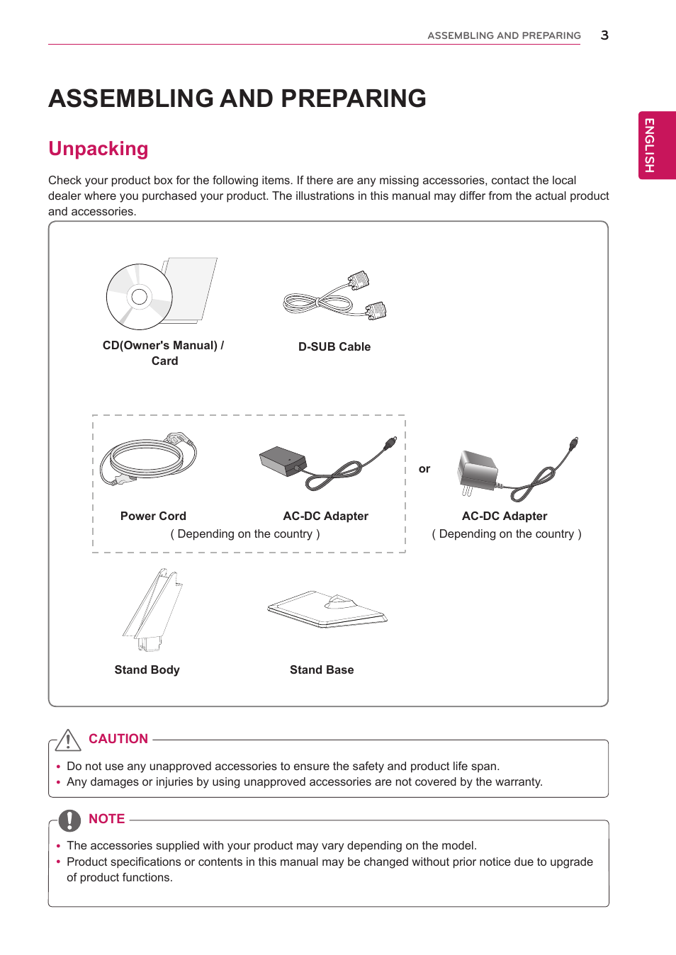 Assembling and preparing, Unpacking, Assembling and prepar | LG 19EN33SA User Manual | Page 3 / 31