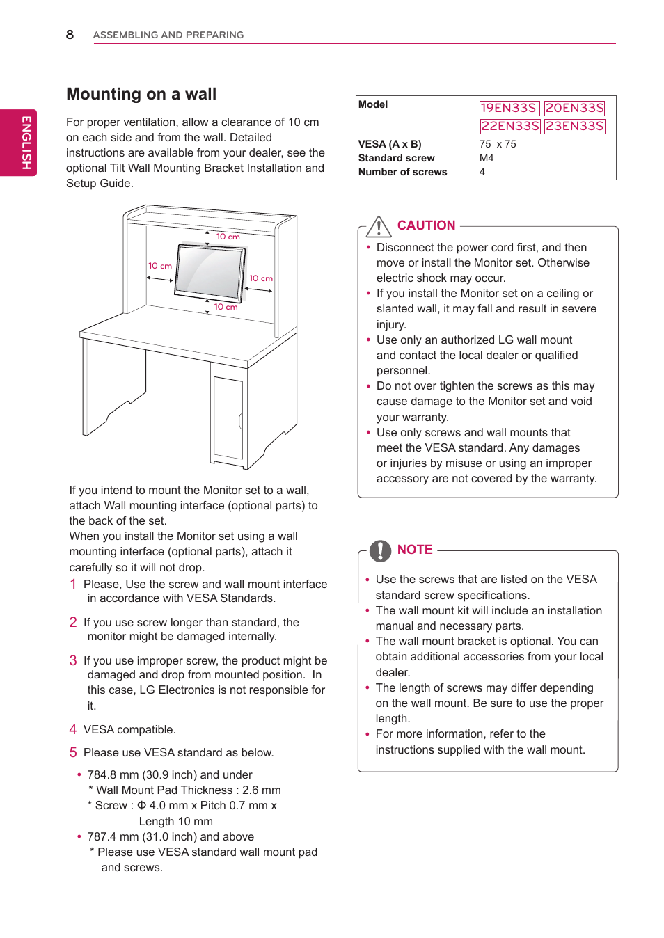Mounting on a wall | LG 19EN33SA User Manual | Page 8 / 31