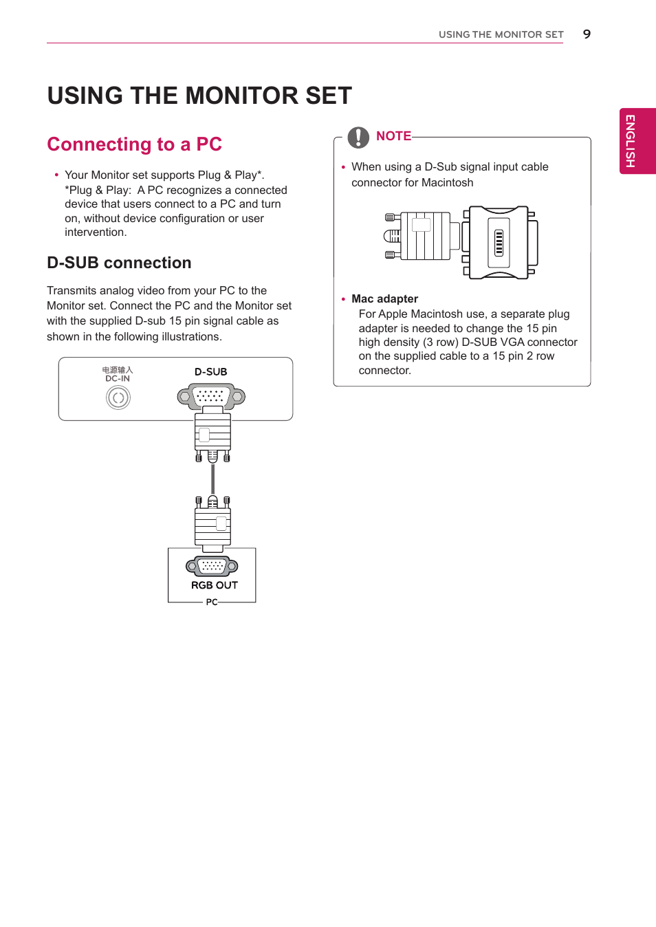 Using the monitor set, Connecting to a pc, D-sub connection | LG 19EN33SA User Manual | Page 9 / 31