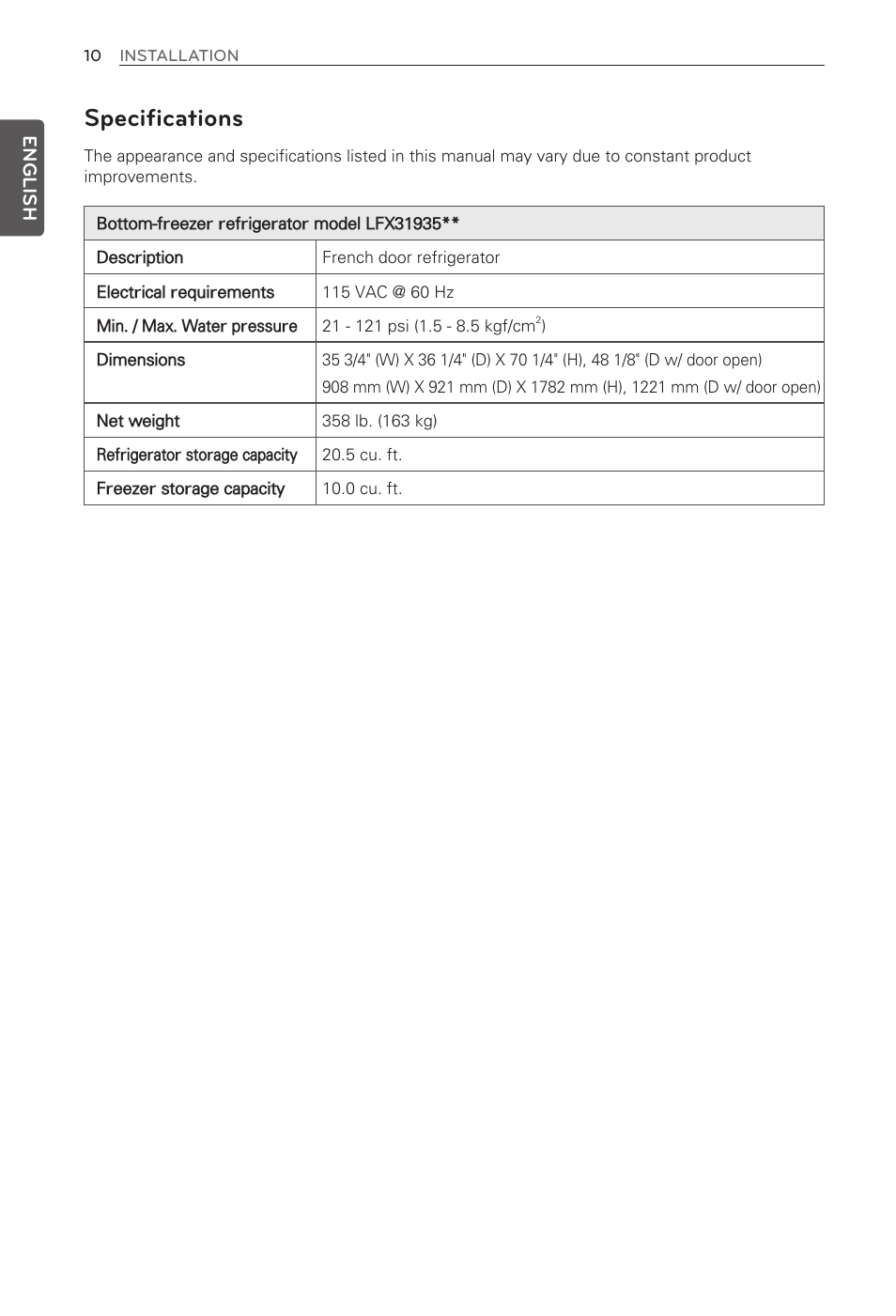 Specifications, English | LG LFX31935ST User Manual | Page 10 / 61