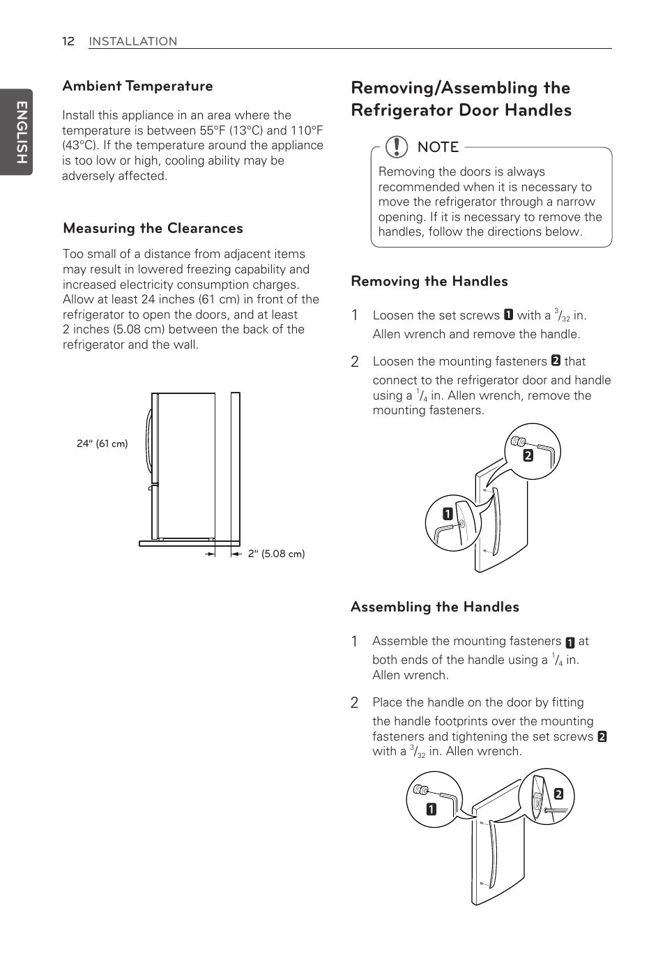 Removing/assembling the refrigerator door handles, Ambient temperature, Measuring the clearances | Removing the handles 1, Assembling the handles 1, English | LG LFX31935ST User Manual | Page 12 / 61