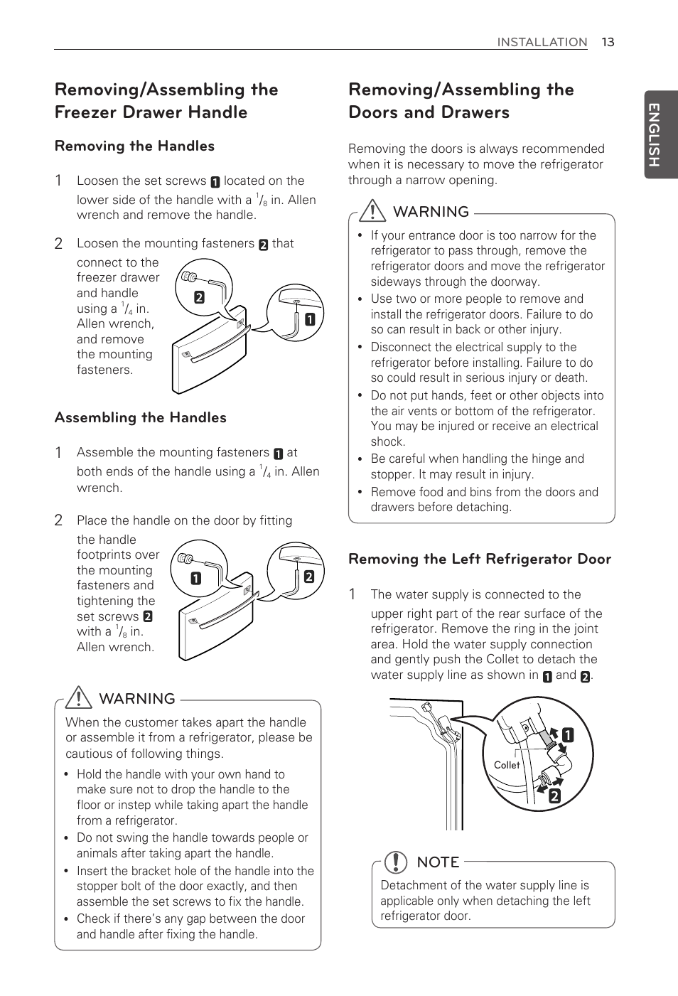 Removing/assembling the freezer drawer handle, Removing/assembling the doors and drawers, Removing the handles 1 | Assembling the handles 1, Removing the left refrigerator door 1, Warning | LG LFX31935ST User Manual | Page 13 / 61