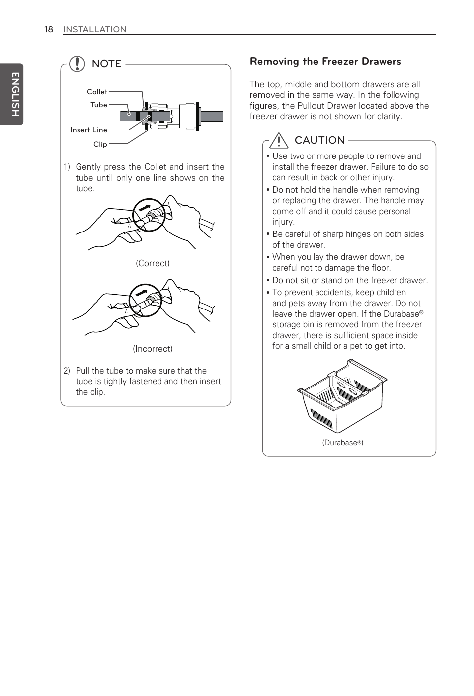 Caution, Removing the freezer drawers, English | LG LFX31935ST User Manual | Page 18 / 61