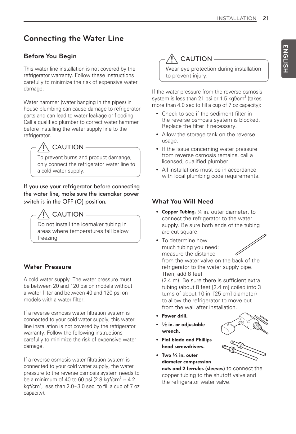 Connecting the water line, Caution, Before you begin | What you will need | LG LFX31935ST User Manual | Page 21 / 61