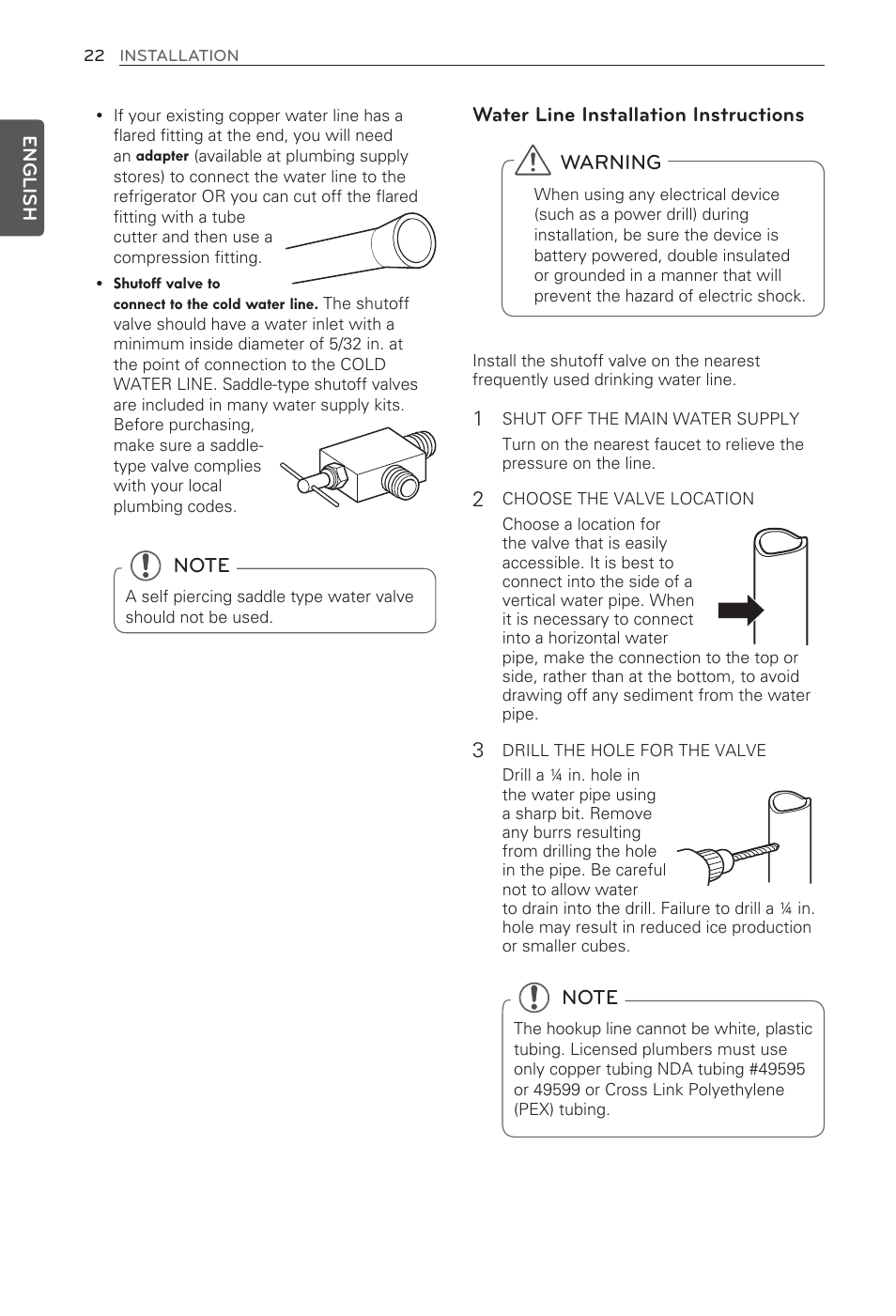 Water line installation instructions, Warning | LG LFX31935ST User Manual | Page 22 / 61