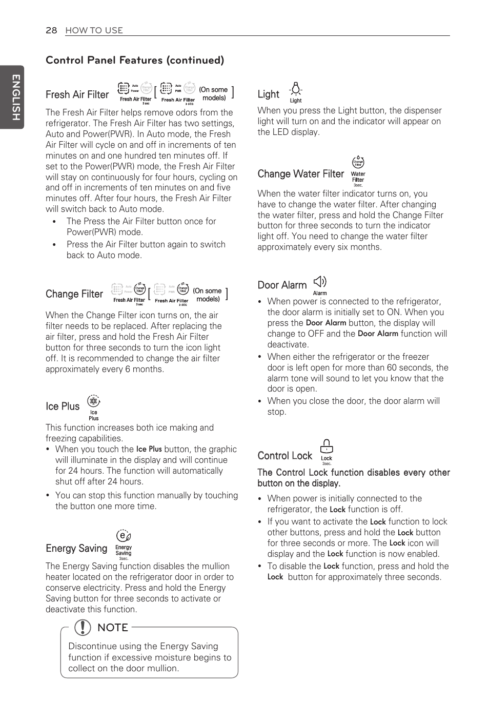 Control panel features (continued) | LG LFX31935ST User Manual | Page 28 / 61