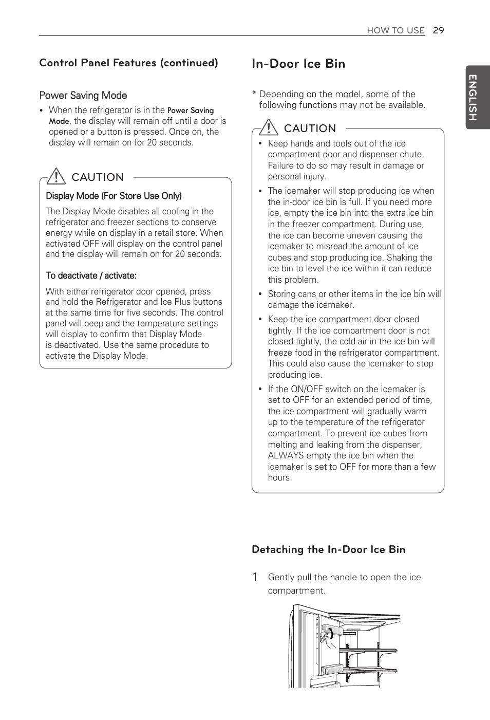 In-door ice bin, Caution, Control panel features (continued) | Detaching the in-door ice bin | LG LFX31935ST User Manual | Page 29 / 61