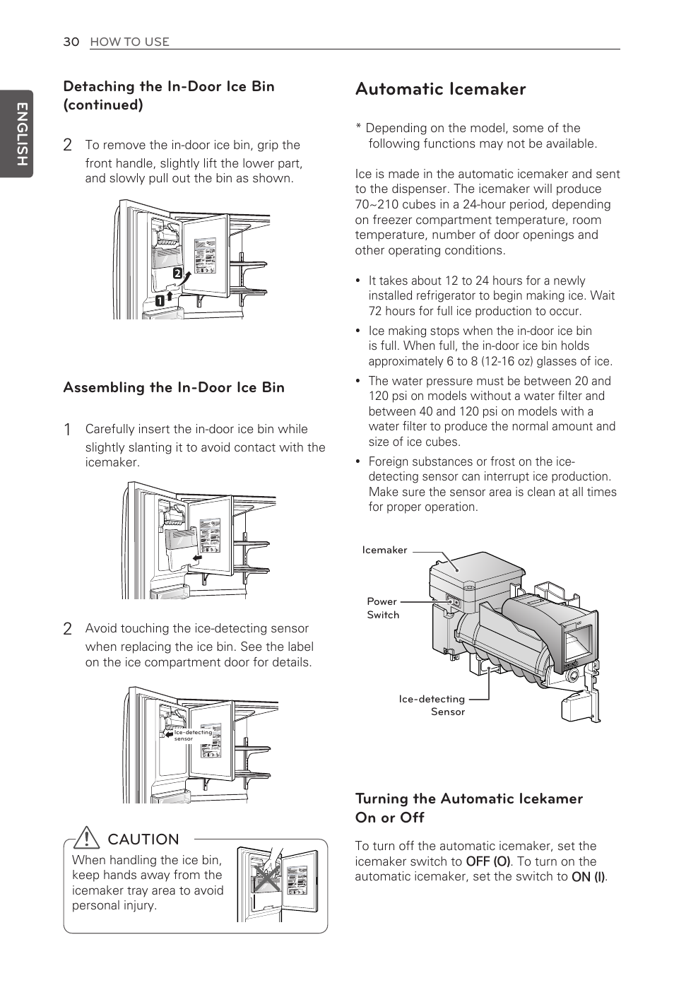 Automatic icemaker, Turning the automatic icekamer on or off, Caution | Assembling the in-door ice bin, Detaching the in-door ice bin (continued) | LG LFX31935ST User Manual | Page 30 / 61