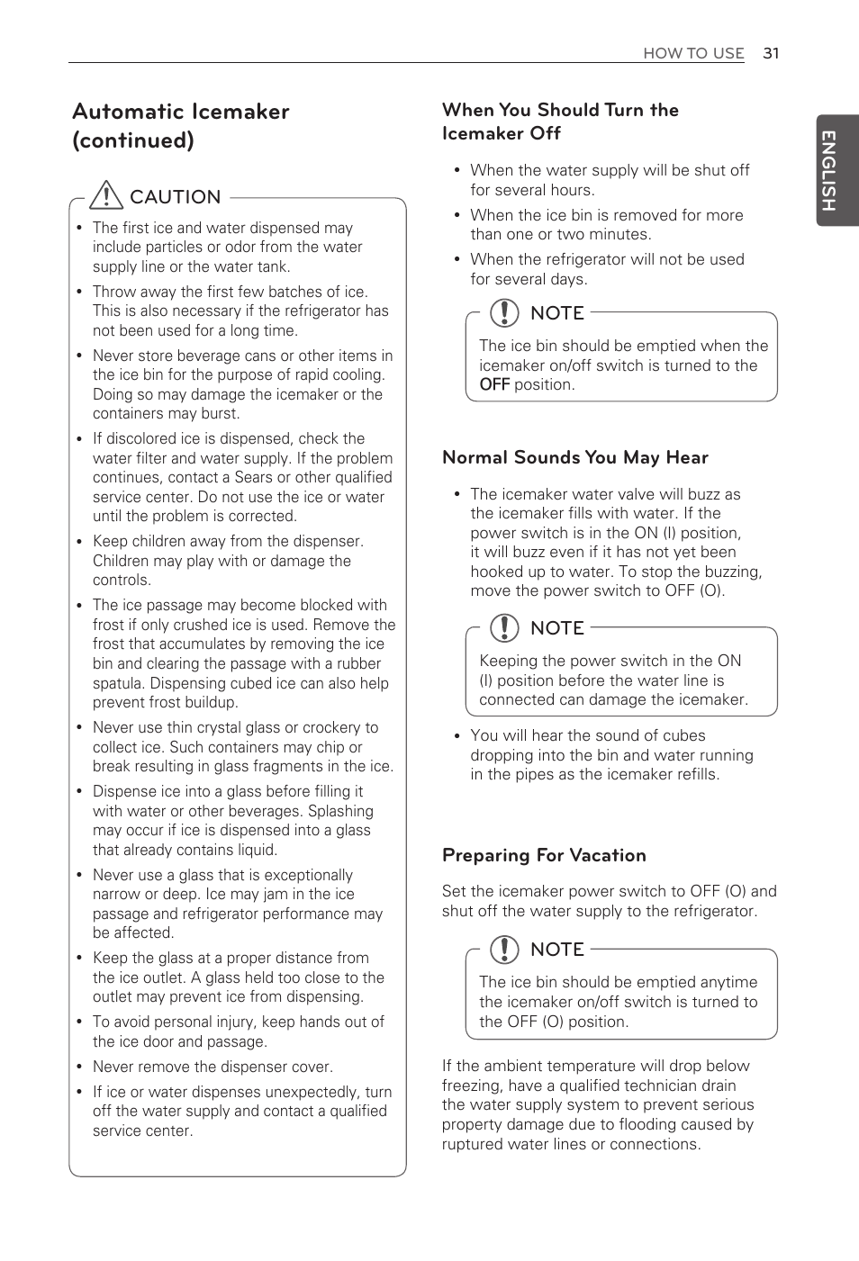 Automatic icemaker (continued), Caution when you should turn the icemaker off, Normal sounds you may hear | Preparing for vacation | LG LFX31935ST User Manual | Page 31 / 61