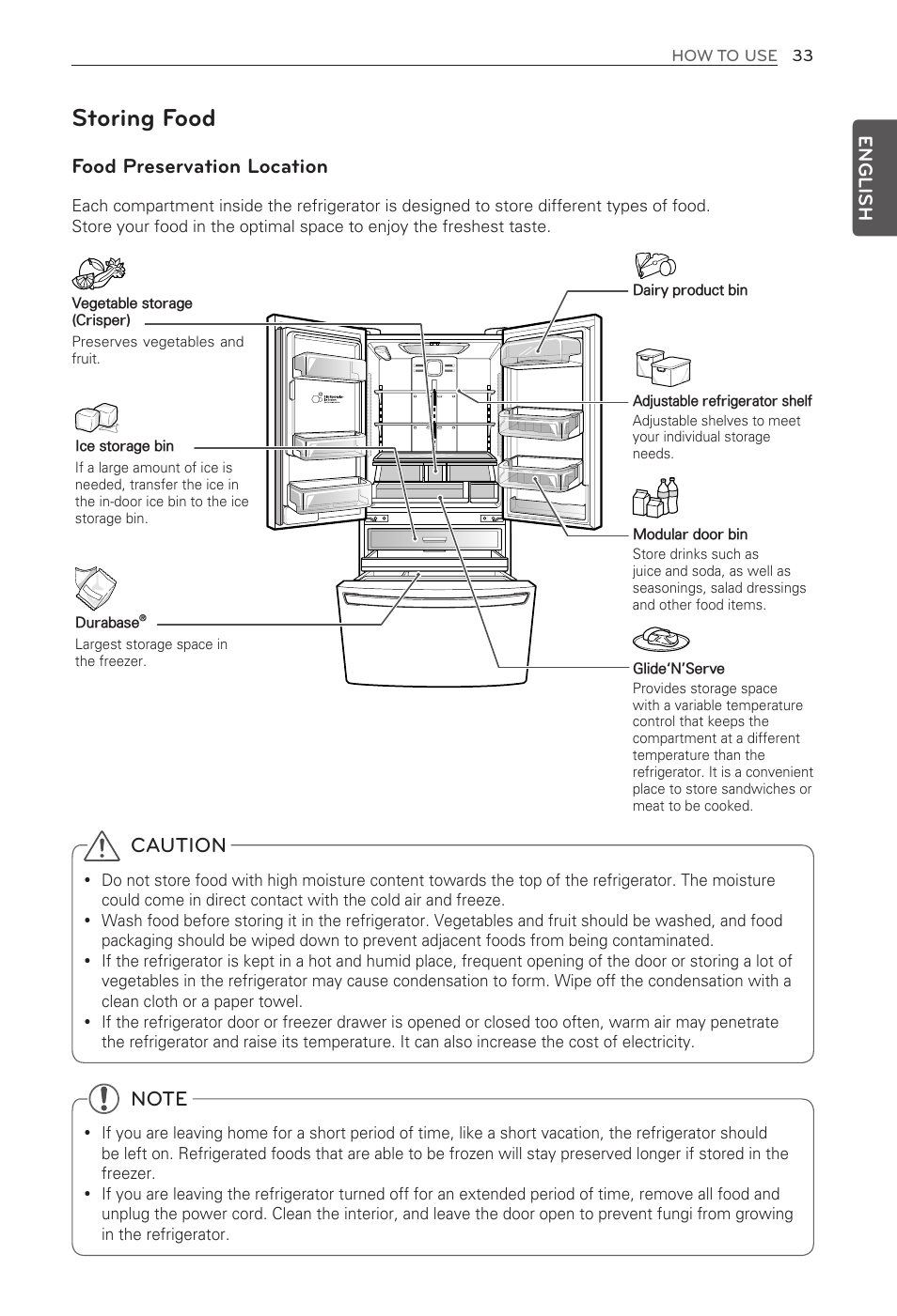 Storing food, Food preservation location, Caution | English | LG LFX31935ST User Manual | Page 33 / 61