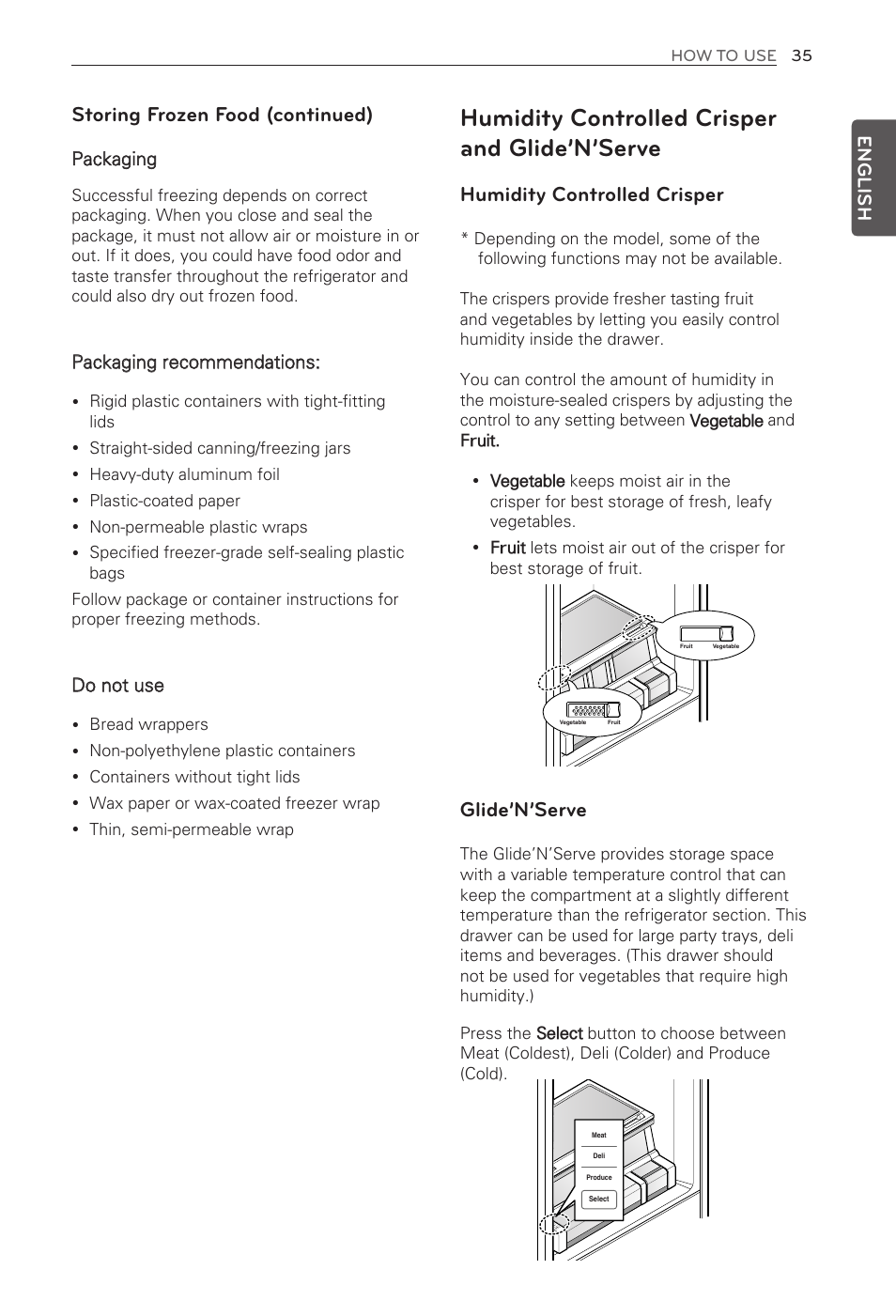 Humidity controlled crisper and glide’n’serve, Humidity controlled crisper, Glide’n’serve | Storing frozen food (continued), English, Packaging, Packaging recommendations, Do not use | LG LFX31935ST User Manual | Page 35 / 61