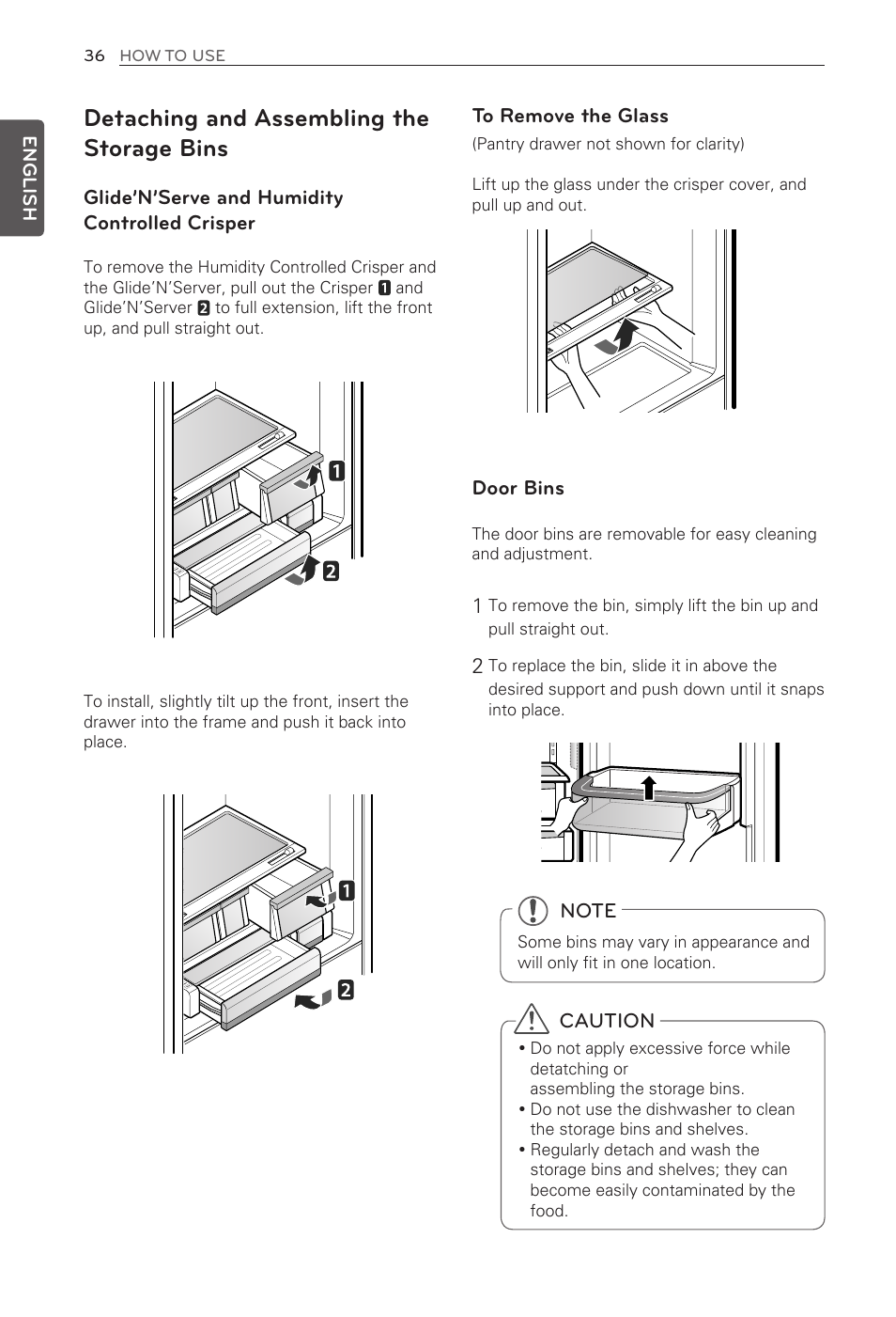 Detaching and assembling the storage bins, Glide’n’serve and humidity controlled crisper, Door bins | Caution | LG LFX31935ST User Manual | Page 36 / 61