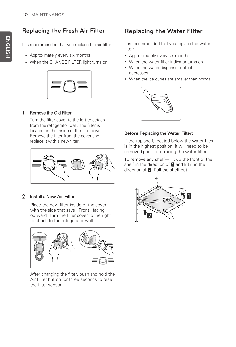 Replacing the fresh air filter, Replacing the water filter | LG LFX31935ST User Manual | Page 40 / 61