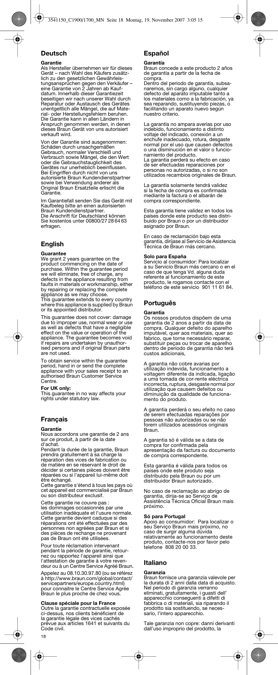 Deutsch, English, Français | Español, Português, Italiano | Braun C1900 creation User Manual | Page 16 / 20