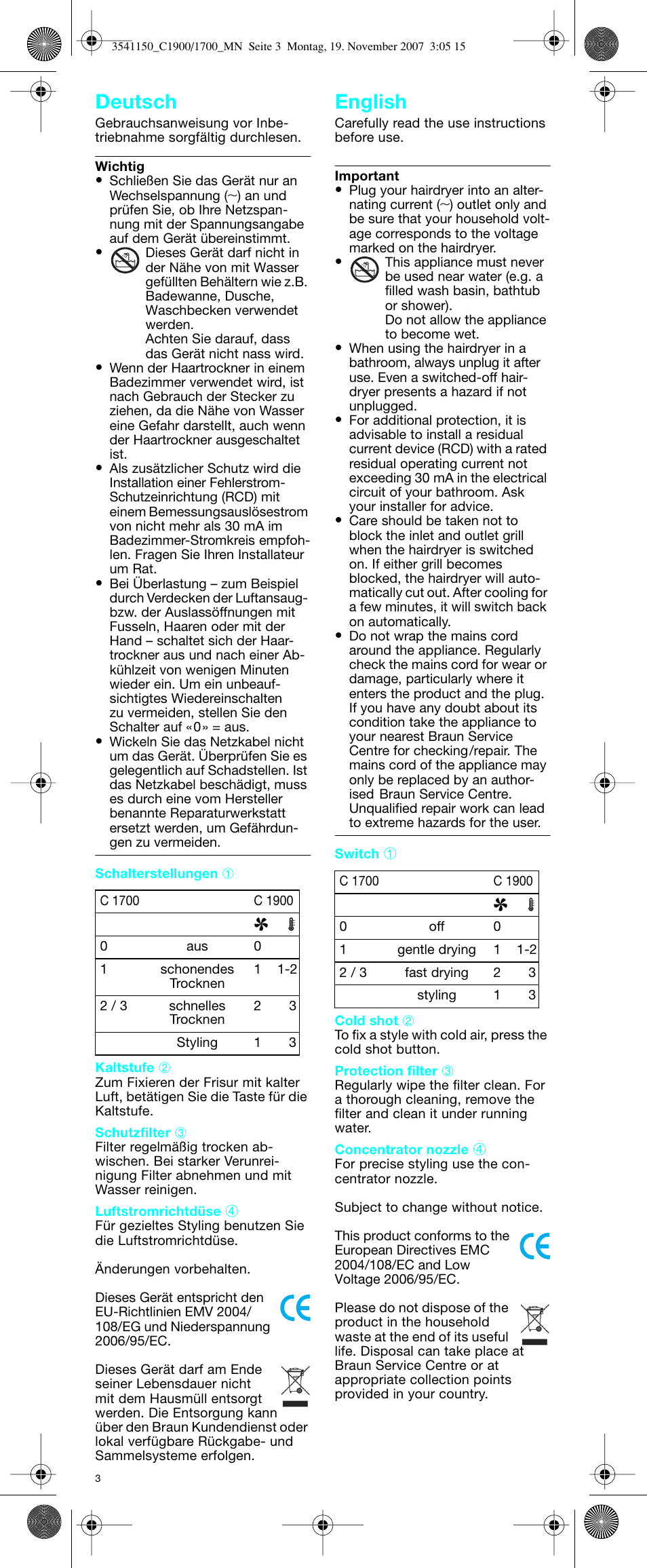 Deutsch english | Braun C1900 creation User Manual | Page 3 / 20
