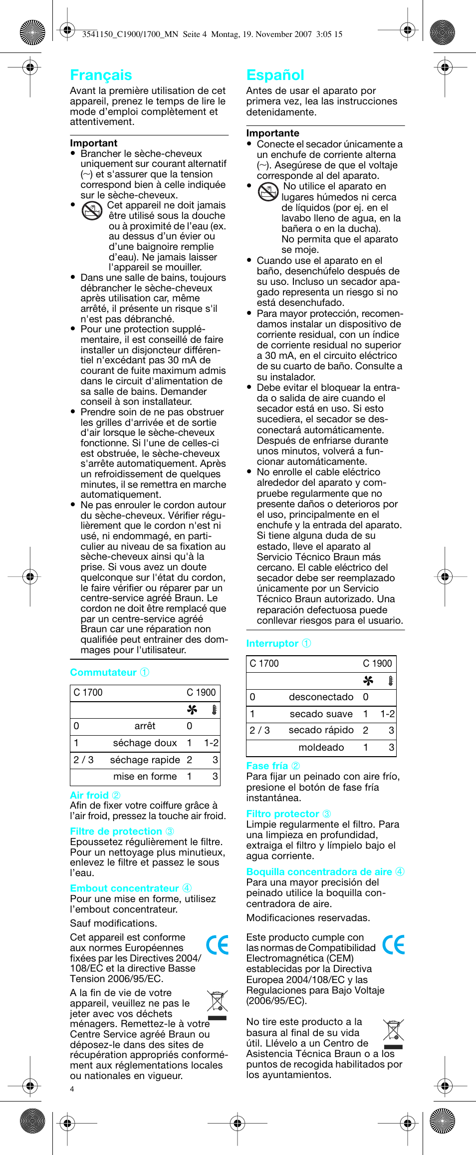 Français español | Braun C1900 creation User Manual | Page 4 / 20