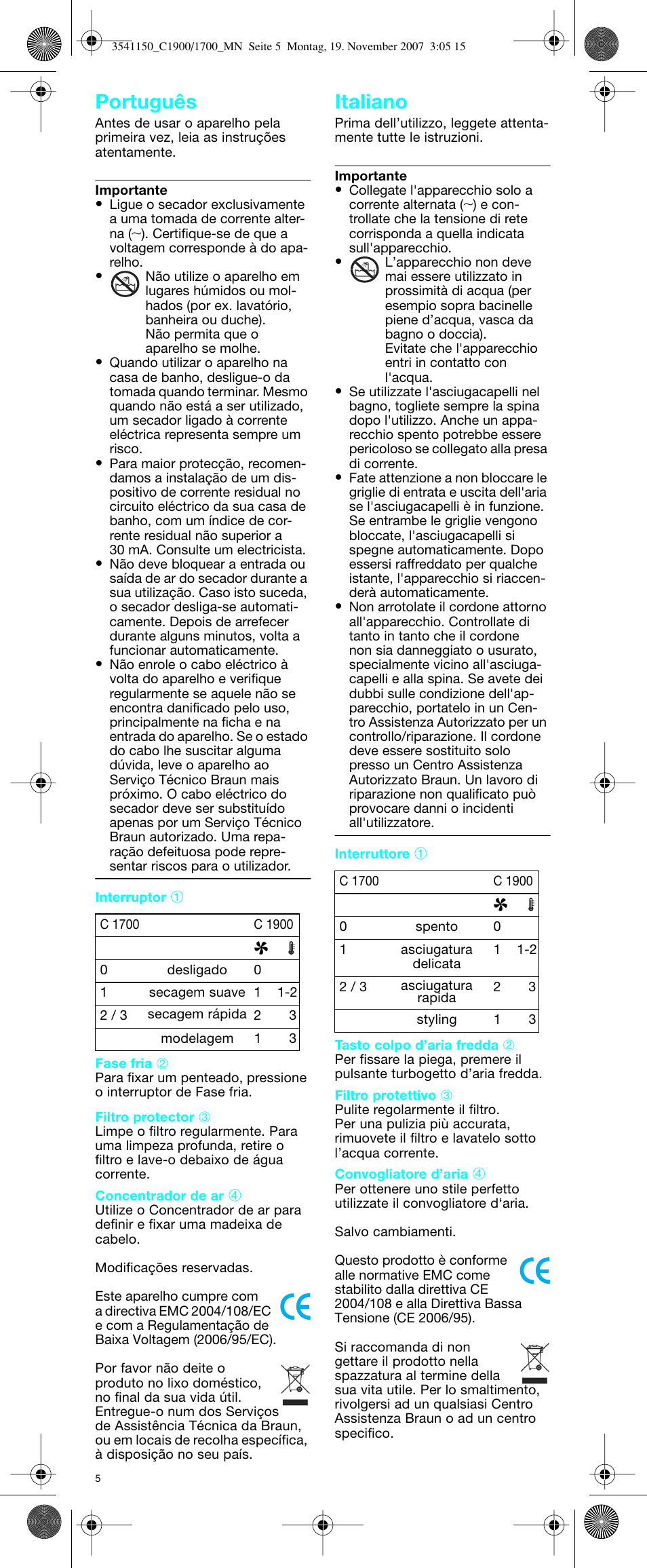 Português italiano | Braun C1900 creation User Manual | Page 5 / 20