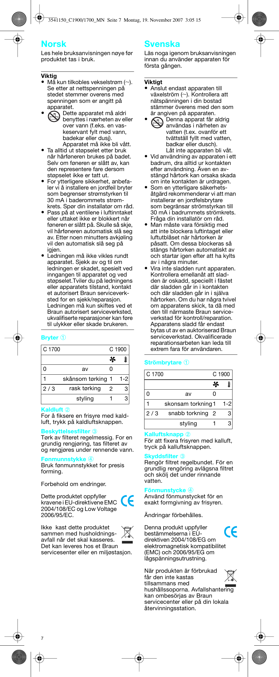 Norsk svenska | Braun C1900 creation User Manual | Page 7 / 20