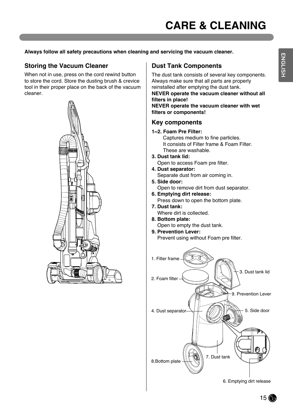 Care & cleaning, Storing the vacuum cleaner dust tank components, Key components | LG LUV200R User Manual | Page 16 / 75