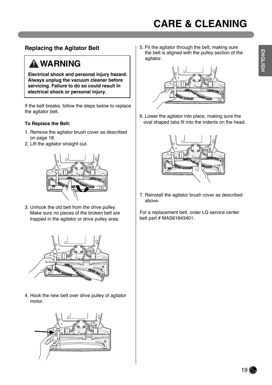 Care & cleaning, Warning | LG LUV200R User Manual | Page 20 / 75
