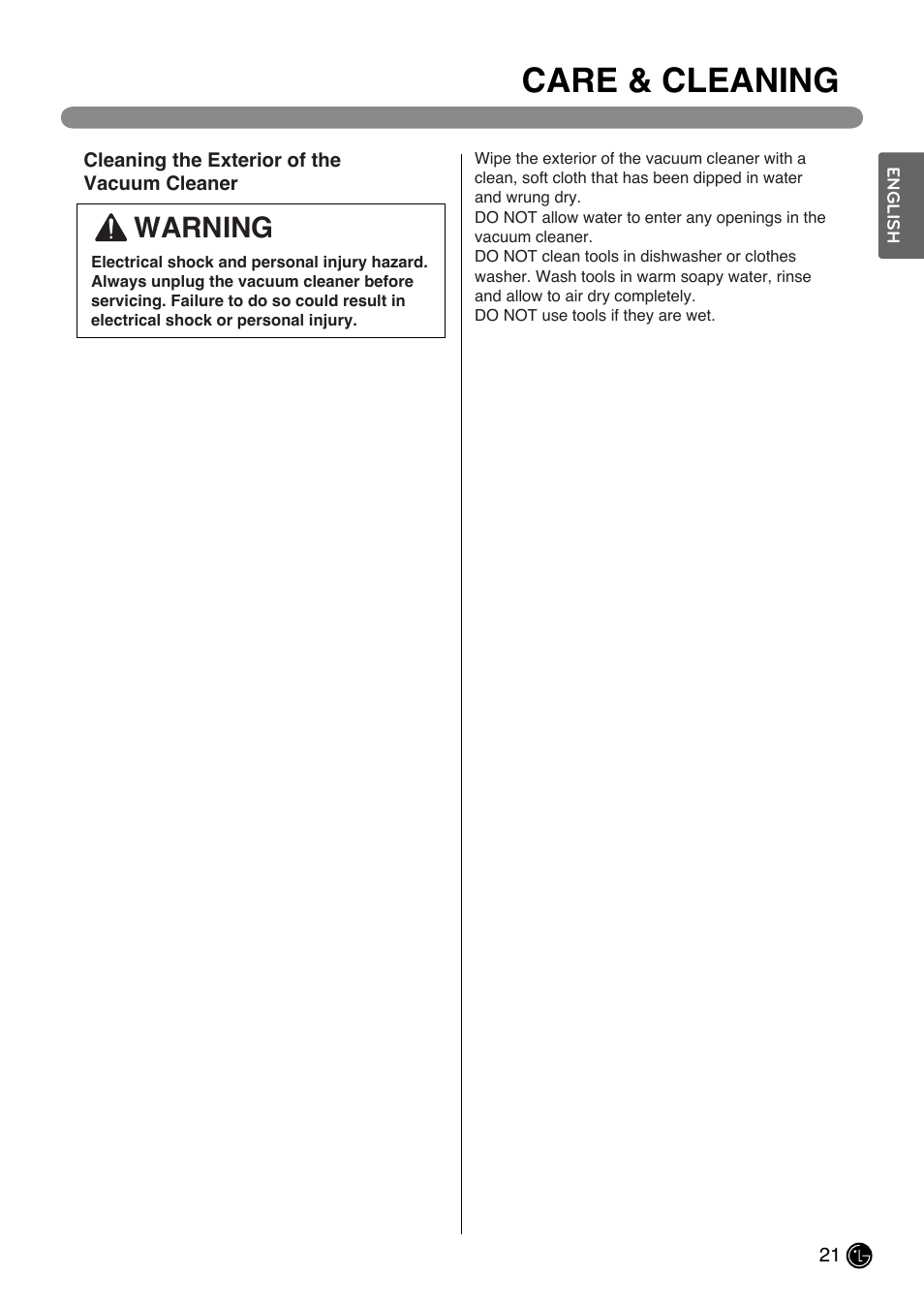 Care & cleaning, Warning | LG LUV200R User Manual | Page 22 / 75