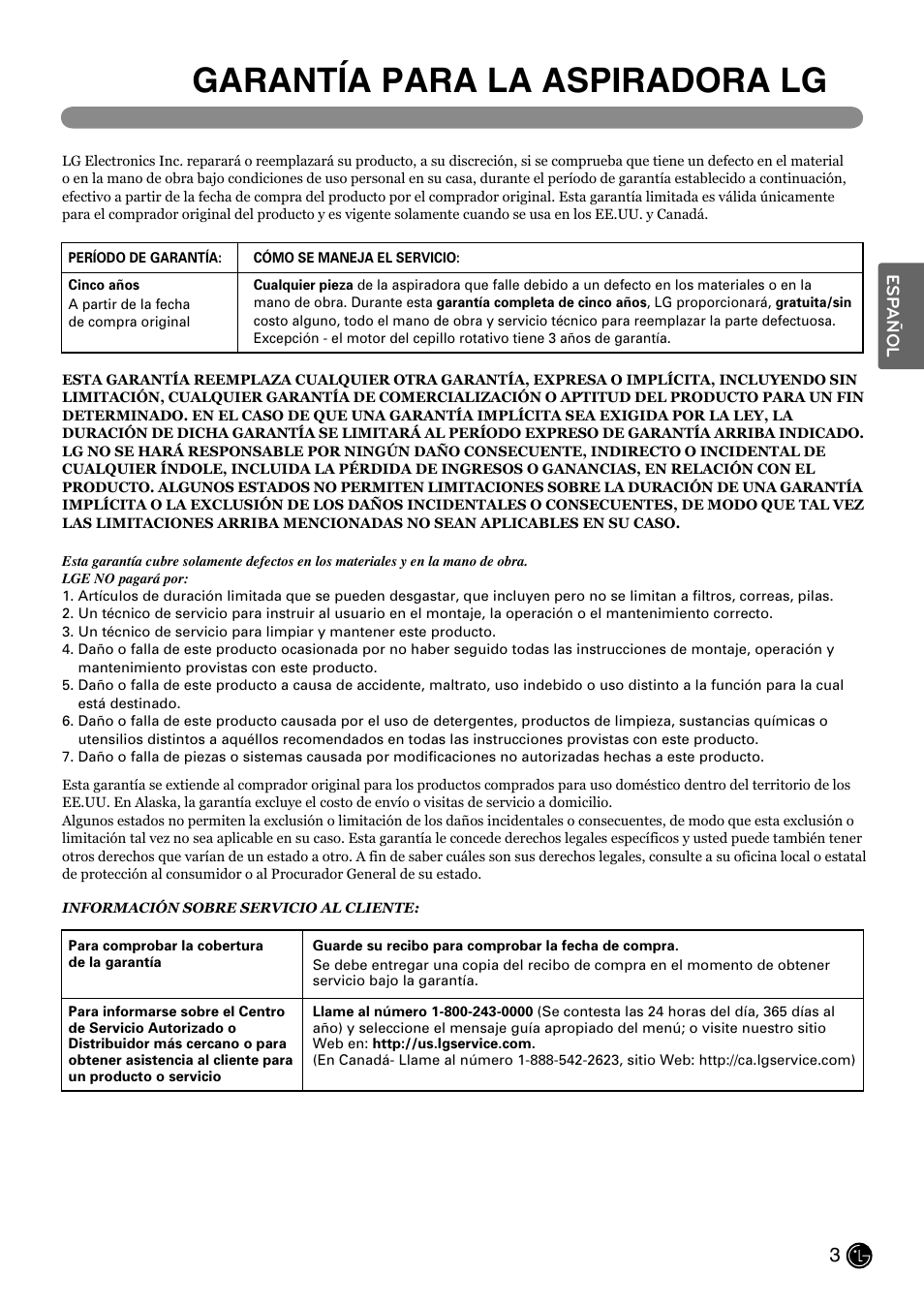 Garantía para la aspiradora lg | LG LUV200R User Manual | Page 28 / 75