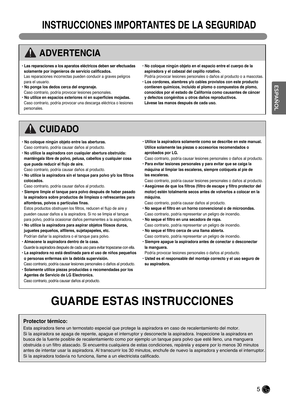 Guarde estas instrucciones, Instrucciones importantes de la seguridad, Advertencia | Cuidado, Esp añol | LG LUV200R User Manual | Page 30 / 75