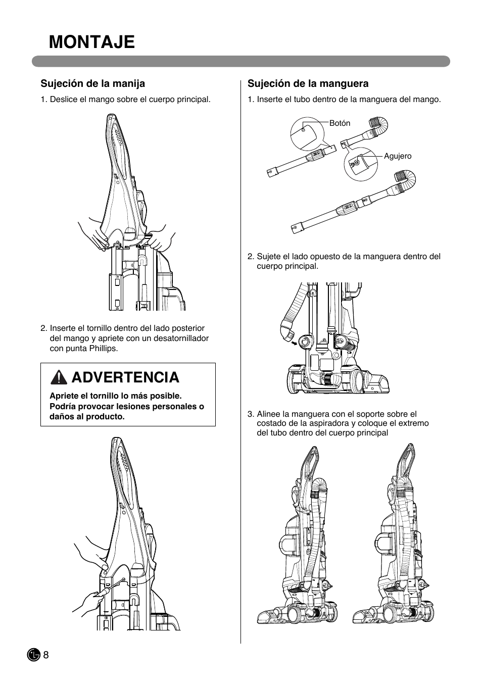 Montaje, Advertencia | LG LUV200R User Manual | Page 33 / 75